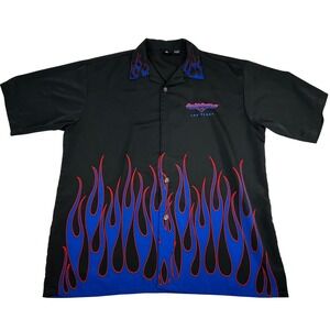 Harley Davidson Cafe Las‎ Vegas Mens XXL Black Blue Flame Button Up Camp Shirt